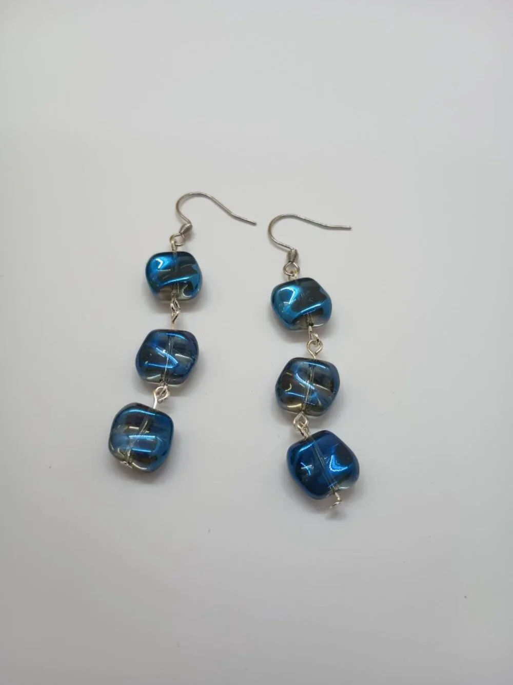 Deep Blue Iridescent 3 Bead Dangle Earrings - Picture 3 of 3